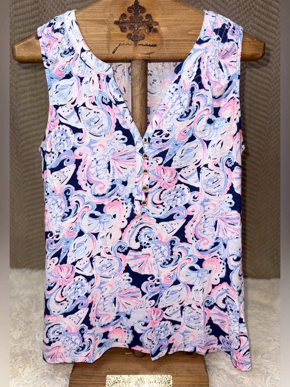 Lilly Pulitzer Navy, Pink & White Paisley V-Neck Sleeveless Top